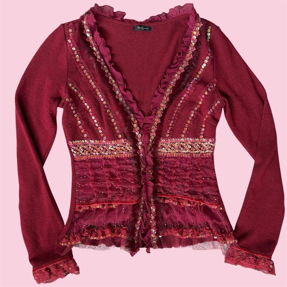 Vintage Twenty One Y2K burgundy cardigan with ruffles, lace, beads & fur details